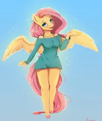 Size: 3016x3568 | Tagged: safe, artist:miokomata, derpibooru import, fluttershy, anthro, pegasus, pony, unguligrade anthro, blushing, breasts, busty fluttershy, clothes, cute, dress, female, freckles, freckleshy, gradient background, image, jpeg, legs, looking at you, mare, open mouth, open smile, shyabetes, smiling, smiling at you, solo, spread wings, wings