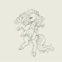 Size: 4000x4000 | Tagged: safe, artist:miokomata, derpibooru import, fluttershy, pegasus, pony, blushing, butt, female, floppy ears, flutterbutt, freckles, freckleshy, grayscale, image, jpeg, lidded eyes, looking at you, looking back, looking back at you, lying down, mare, monochrome, overhead view, plot, side, simple background, smiling, smirk, solo, tongue out, underhoof, white background