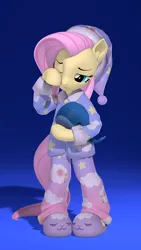 Size: 2160x3840 | Tagged: safe, artist:owlpirate, derpibooru import, fluttershy, pegasus, pony, semi-anthro, 3d, 4k, clothes, cute, female, gradient background, hat, high res, image, mare, nightcap, pajamas, plushie, png, rubbing eyes, shyabetes, sleeping, slippers, solo, source filmmaker