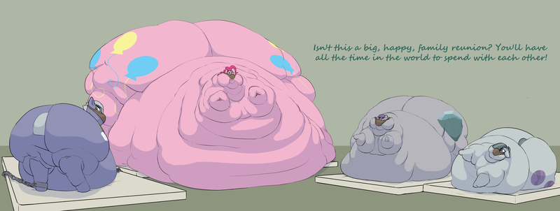 Size: 4500x1700 | Tagged: questionable, artist:lupin quill, derpibooru import, limestone pie, marble pie, maud pie, pinkie pie, earth pony, pony, fanfic:feedbag, bag, bedroom eyes, belly, belly bed, big belly, bingo wings, blob, bondage, butt, chains, chubby cheeks, dialogue, fat, fat fetish, feed bag, fetish, flabby chest, force feeding, g4, huge belly, huge butt, image, immobile, implied queen chrysalis, impossibly large belly, impossibly large butt, impossibly obese, kitchen eyes, large butt, limestone pudge, marble pudge, mattress, maud pudge, morbidly obese, multichin, neck roll, obese, offscreen character, png, pudgy pie, rolls of fat, shackles, simple background