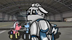 Size: 1192x670 | Tagged: safe, artist:foxfer64_yt, derpibooru import, oc, oc:silverstream (robot pony), oc:trackhead, oc:xn-37 needle, unofficial characters only, original species, plane pony, pony, robot, robot pony, airport, bipedal, bored, concerned, crying, floppy ears, image, jpeg, plane, repairing, sad, talking
