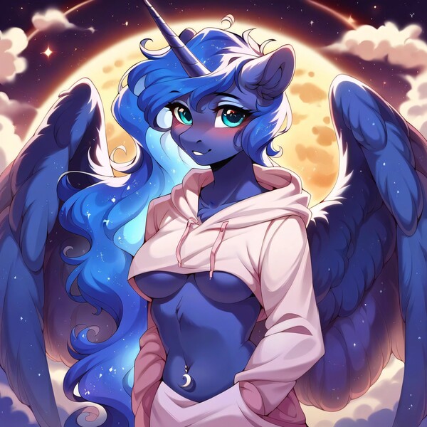 Size: 4096x4096 | Tagged: questionable, ai content, derpibooru import, machine learning generated, stable diffusion, princess luna, alicorn, anthro, belly button, belly piercing, best princess, breasts, clothes, detailed background, ethereal mane, g4, generator:pony diffusion v6 xl, generator:purplesmart.ai, hand in pocket, hoodie, image, jpeg, piercing, prompter:anonynmi, underboob
