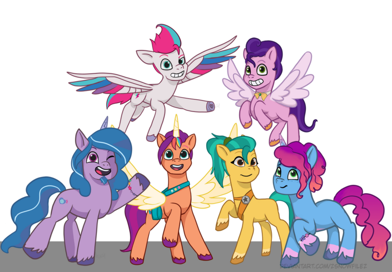 Size: 1024x712 | Tagged: safe, artist:zsnowfilez, derpibooru import, hitch trailblazer, izzy moonbow, pipp petals, sunny starscout, zipp storm, alicorn, pony, g5, my little pony: a new generation, dew daybreak, harness pathfinder, image, isaac crestie, mane stripe sunny, misty brightdawn, pip corolla, png, race swap, rebirth misty, rule 63, simple background, sun starchaser, sunnycorn, transparent background, zip cyclone