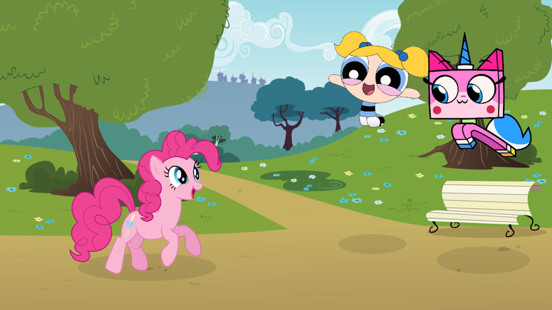 Size: 1024x576 | Tagged: safe, artist:sunyook, derpibooru import, pinkie pie, earth pony, human, pony, bubbles (powerpuff girls), female, g4, image, lego, png, the lego movie, the powerpuff girls, unikitty