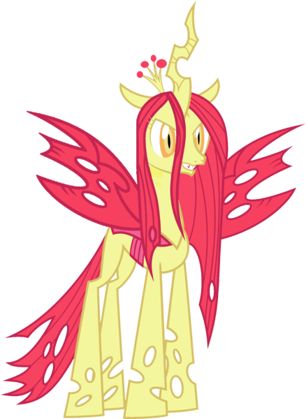 Size: 1823x2499 | Tagged: artist needed, safe, anonymous artist, derpibooru import, apple bloom, queen chrysalis, changeling, changeling queen, crown, female, fusion, fusion:apple bloom, fusion:queen chrysalis, grin, image, jewelry, png, recolor, regalia, smiling, spread wings, wings