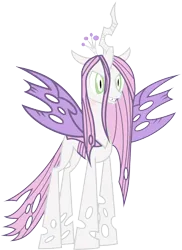 Size: 1823x2499 | Tagged: artist needed, safe, anonymous artist, derpibooru import, queen chrysalis, sweetie belle, changeling, changeling queen, crown, female, fusion, fusion:queen chrysalis, fusion:sweetie belle, grin, image, jewelry, png, recolor, regalia, smiling, spread wings, wings