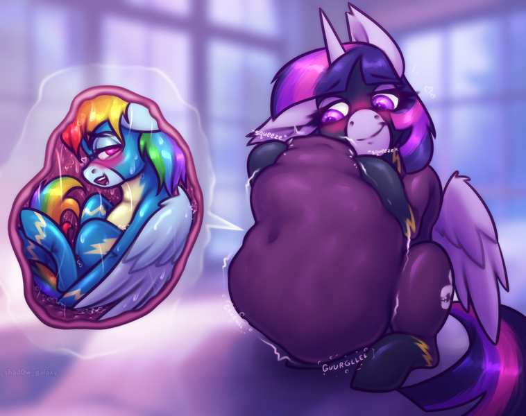 Size: 2400x1900 | Tagged: questionable, artist:shad0w-galaxy, derpibooru import, rainbow dash, twilight sparkle, twilight sparkle (alicorn), alicorn, pegasus, pony, belly, belly button, big belly, blushing, clothes, costume, duo, female, huge belly, image, impossibly large belly, mare, onomatopoeia, patreon, patreon reward, png, preydash, same size vore, shadowbolts costume, slimy, smiling, stomach noise, twipred, uniform, vore, wet, wonderbolts uniform
