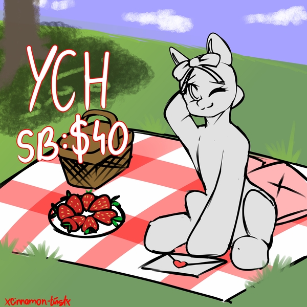 Size: 3000x3000 | Tagged: safe, artist:xcinnamon-twistx, derpibooru import, auction, basket, blanket, comfy, commission, date, food, hair ribbon, holiday, image, jpeg, one eye closed, outdoors, picnic, pillow, ribbon, smiling, strawberry, valentine, valentine's day, wink, your character here