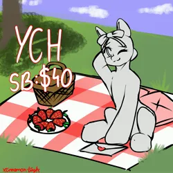 Size: 3000x3000 | Tagged: safe, artist:xcinnamon-twistx, derpibooru import, auction, basket, blanket, comfy, commission, date, food, hair ribbon, holiday, image, jpeg, one eye closed, outdoors, picnic, pillow, ribbon, smiling, strawberry, valentine, valentine's day, wink, your character here