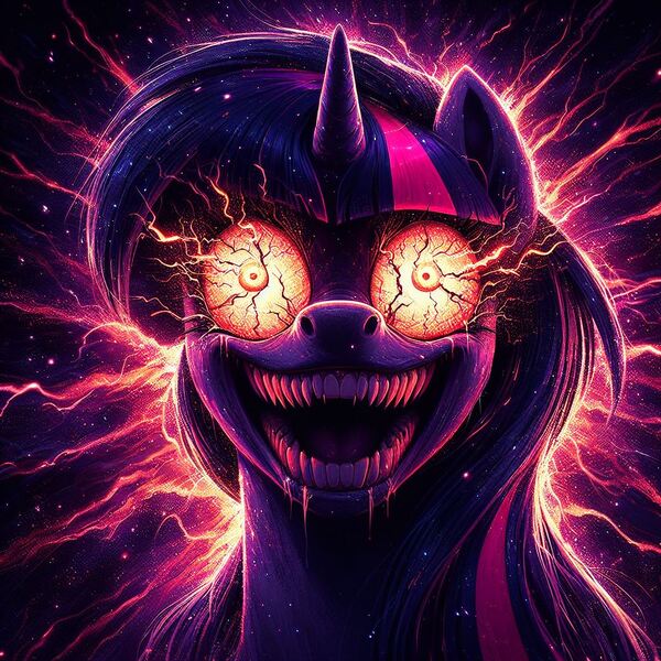 Size: 1024x1024 | Tagged: semi-grimdark, ai content, derpibooru import, machine learning generated, prompter:enterusxrname, twilight sparkle, pony, crazy face, faic, female, g4, generator:bing image creator, generator:dall-e 3, horrifying, image, insanity, jpeg, mare, nightmare fuel, sharp teeth, solo, teeth, twilight snapple