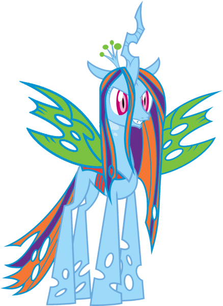 Size: 1823x2499 | Tagged: artist needed, safe, anonymous artist, derpibooru import, queen chrysalis, rainbow dash, changeling, changeling queen, crown, female, fusion, fusion:queen chrysalis, fusion:rainbow dash, grin, image, jewelry, png, recolor, regalia, smiling, spread wings, wings