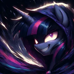 Size: 1024x1024 | Tagged: safe, ai content, derpibooru import, machine learning generated, prompter:enterusxrname, twilight sparkle, pony, cloak, clothes, evil, evil grin, faic, female, g4, generator:bing image creator, generator:dall-e 3, grin, image, jpeg, mare, simple background, smiling, solo