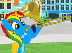 Size: 3678x2681 | Tagged: safe, artist:shieldwingarmorofgod, derpibooru import, oc, oc:shield wing, unofficial characters only, alicorn, pony, image, male, musical instrument, png, solo, trombone