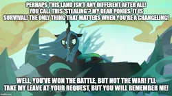 Size: 888x499 | Tagged: safe, derpibooru import, edit, edited screencap, screencap, queen chrysalis, changeling, changeling queen, to where and back again, angry, defeated, dudley the vagrant engine, female, gritted teeth, image, jpeg, meme, parody, reference, reference in the description, scene parody, spread wings, teeth, thomas the tank engine, threatening, wings