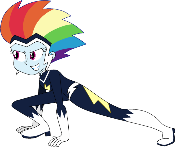 Size: 1024x860 | Tagged: safe, artist:rarity525, derpibooru import, rainbow dash, zapp, human, equestria girls, action pose, clothes, evil smirk, female, grin, humanized, image, png, power ponies, smiling, smirk, solo, solo female