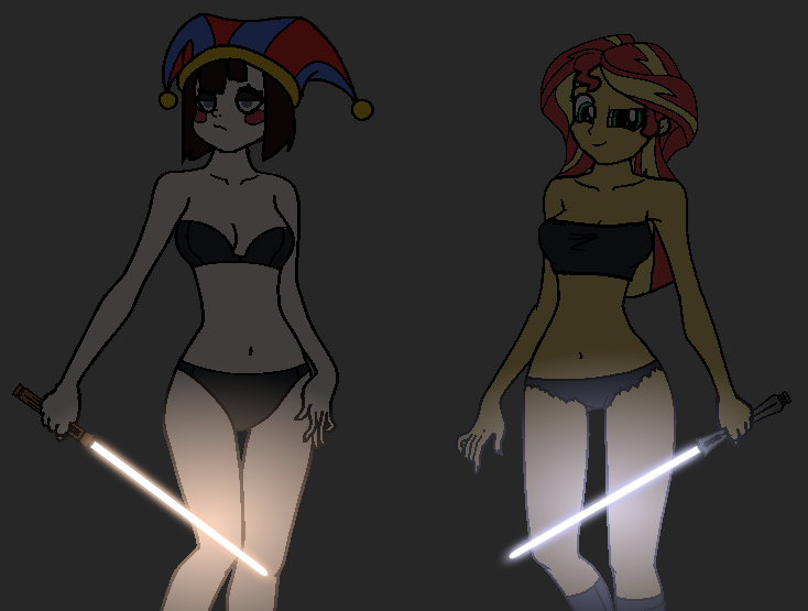 Size: 734x555 | Tagged: safe, derpibooru import, sunset shimmer, equestria girls, crossover, crossover shipping, female, image, jedi, lesbian, lightsaber, png, pomni, ship:sunpom, shipping, star wars, the amazing digital circus, weapon