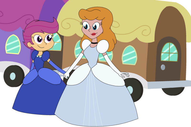 Size: 1024x681 | Tagged: safe, derpibooru import, scootaloo, human, equestria girls, adopted, adopted daughter, adopted offspring, cinderella, clothes, dress, fanfic in the description, female, gown, holding hands, humanized, image, looking at each other, looking at someone, mother and child, mother and daughter, png, poofy shoulders, scootadoption, smiling, smiling at each other, the friendship express, train