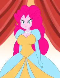 Size: 1280x1659 | Tagged: safe, artist:qsky, derpibooru import, pinkie pie, human, equestria girls, breasts, busty pinkie pie, cinderella, clothes, dress, female, gown, humanized, image, jetlag productions, jewelry, jpeg, necklace, pearl necklace, poofy shoulders, smiling, solo, solo female