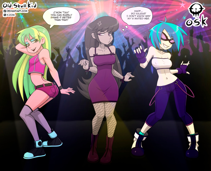 Size: 2541x2060 | Tagged: safe, artist:oldskullkid, derpibooru import, lemon zest, octavia melody, vinyl scratch, human, equestria girls, belly button, butt, clothes, cross-popping veins, dancing, emanata, image, jpeg, nightclub, party, shoes, speech bubble, thought bubble