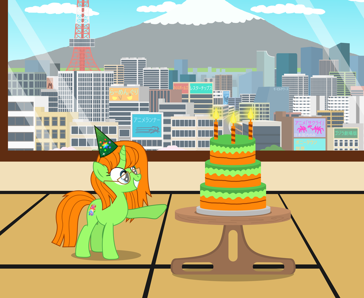 Size: 5918x4853 | Tagged: safe, artist:creedyboy124, derpibooru import, oc, oc:lola, unofficial characters only, unicorn, birthday, birthday cake, cake, food, hat, image, japan, party hat, png, solo, tokyo