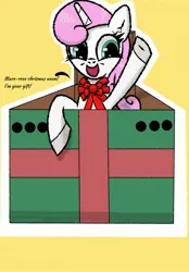 Size: 1781x2561 | Tagged: safe, artist:scandianon, derpibooru import, twinkleshine, pony, bowtie, box, female, image, jpeg, looking at you, mare, open mouth, open smile, present, smiling, talking to viewer, waving