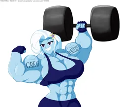 Size: 4114x3579 | Tagged: suggestive, artist:pandatarius, derpibooru import, trixie, human, equestria girls, abs, bedroom eyes, bicep flex, biceps, big breasts, breasts, buff breasts, busty trixie, cleavage, clothes, commission, dumbbell (object), female, fingerless gloves, flexing, g4, gloves, grand and muscular trixie, great and powerful, grin, high res, huge breasts, image, midriff, muscles, muscular female, overdeveloped muscles, pecs, png, shorts, simple background, smiling, solo, solo female, swole, tanktop, tattoo, vein bulge, weights, white background, workout outfit