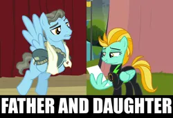 Size: 1580x1080 | Tagged: safe, anonymous editor, derpibooru import, edit, edited screencap, screencap, lightning dust, wind rider, pegasus, pony, rarity investigates, season 5, season 8, the washouts (episode), spoiler:s08, bomber jacket, caption, clothes, cropped, duo, eyebrows, eyelashes, family, father and child, father and daughter, female, flying, g4, image, impact font, indoors, jacket, male, mare, outdoors, png, scarf, stallion, standing, text, text edit, uniform, washouts uniform, wings