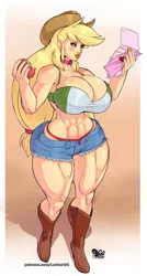 Size: 805x1500 | Tagged: suggestive, artist:lurkergg, derpibooru import, applejack, human, equestria girls, abs, apple, applebucking thighs, applejacked, big breasts, bimbo, bimbo jack, bimboification, boob freckles, breasts, busty applejack, chest freckles, choker, clothes, dick sucking lips, equestria girls outfit, eyeshadow, female, food, freckles, huge breasts, humanized, image, letter, lips, long hair, love letter, makeup, muscles, muscular female, png, shoulder freckles, thighs, thunder thighs, wide hips