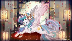 Size: 4500x2560 | Tagged: safe, artist:martazap3, derpibooru import, princess celestia, alicorn, pony, cute, female, horn, image, jpeg, kitsune, mare, mask, princess, smiling, solo, spread wings, tail, wings