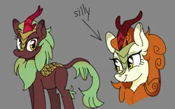 Size: 1751x1098 | Tagged: safe, artist:nonameorous, derpibooru import, autumn blaze, cinder glow, summer flare, kirin, sounds of silence, duo, duo female, female, g4, gray background, image, looking away, png, simple background, smiling