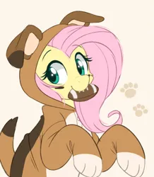Size: 743x853 | Tagged: safe, alternate version, artist:higgly-chan, derpibooru import, fluttershy, pegasus, pony, american football, beautiful, clothes, costume, cute, dog costume, female, halfbody, image, irl, looking at you, mouth hold, onesie, paws, photo, png, pretty, simple background, solo, sports