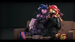 Size: 9600x5400 | Tagged: suggestive, artist:imafutureguitarhero, derpibooru import, sci-twi, sunset shimmer, twilight sparkle, twilight sparkle (alicorn), alicorn, anthro, classical unicorn, unguligrade anthro, unicorn, series:twilight's sexual deviancy, 3d, :3, :p, absurd file size, absurd resolution, adidas, alicornified, arm fluff, arm freckles, belt, black bars, blushing, bondage, bondage mitts, boop, cheek fluff, chest fluff, chest freckles, chin fluff, chromatic aberration, clothes, cloven hooves, collar, colored eyebrows, colored eyelashes, colored wings, couch, crossed legs, cute, dialogue, dialogue in the description, duo, duo female, ear fluff, ear freckles, emoji, emoji gag, evening gloves, female, femsub, film grain, fingerless elbow gloves, fingerless gloves, fluffy, fluffy hair, fluffy mane, fluffy tail, freckles, fur, g4, gag, gentle femdom, gloves, hoodie, hoof fluff, horn, image, jpeg, latex, latex mask, leonine tail, lesbian, letterboxing, long gloves, long hair, long mane, mask, multicolored hair, multicolored mane, multicolored tail, muzzle gag, neck fluff, non-consensual booping, nose wrinkle, noseboop, one eye closed, paintover, pants, paw gloves, peppered bacon, race swap, revamped anthros, revamped ponies, sci-twilicorn, ship:sci-twishimmer, shipping, shorts, shoulder fluff, shoulder freckles, signature, sitting, smiling, socks, source filmmaker, stage.bsp, striped gloves, striped socks, submissive, subset, subtitles, sunsetsparkle, tail, tail fluff, tanktop, telepathy, text, tongue out, twiabetes, twidom, two toned wings, unshorn fetlocks, varying degrees of amusement, wall of tags, wing fluff, wing freckles, wings