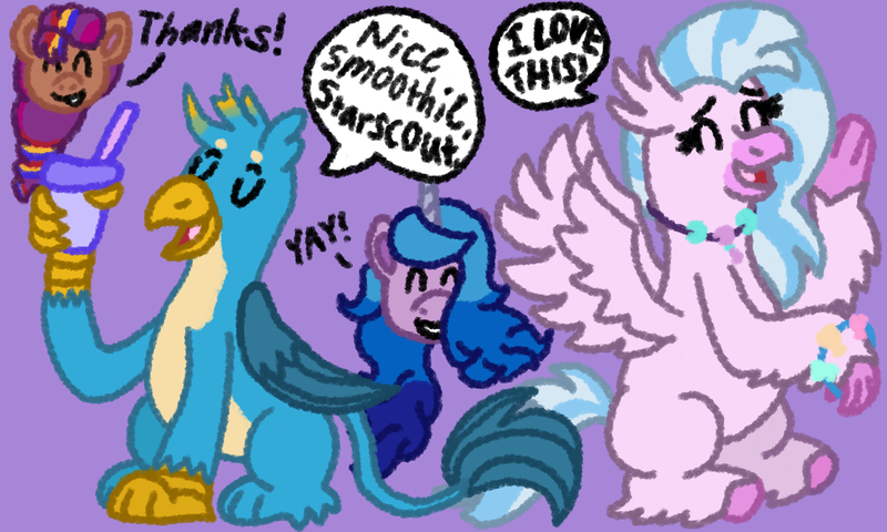 Size: 2000x1200 | Tagged: safe, artist:mintwhistle, derpibooru import, gallus, izzy moonbow, silverstream, sunny starscout, classical hippogriff, earth pony, gryphon, hippogriff, pony, unicorn, g5, beak, bracelet, colored hooves, dialogue, drink, excited, eyes closed, feathered fetlocks, female, floating head, folded wings, friendship bracelet, g4, grin, group, happy, holding, image, jewelry, male, mare, medibang paint, necklace, open beak, open mouth, open smile, png, purple background, quartet, simple background, sitting, smiling, smoothie, speech bubble, spread wings, student six day, wings, yelling