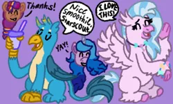 Size: 2000x1200 | Tagged: safe, artist:mintwhistle, derpibooru import, gallus, izzy moonbow, silverstream, sunny starscout, classical hippogriff, earth pony, gryphon, hippogriff, pony, unicorn, g5, beak, bracelet, colored hooves, dialogue, drink, excited, eyes closed, feathered fetlocks, female, floating head, folded wings, friendship bracelet, g4, grin, group, happy, holding, image, jewelry, male, mare, medibang paint, necklace, open beak, open mouth, open smile, png, purple background, quartet, simple background, sitting, smiling, smoothie, speech bubble, spread wings, student six day, wings, yelling