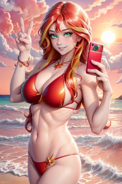 Size: 1024x1536 | Tagged: suggestive, ai content, derpibooru import, editor:sammykun, machine learning generated, sunset shimmer, human, equestria girls, beach, belly button, big breasts, bikini, bracelet, breasts, busty sunset shimmer, cleavage, clothes, crossover, female, g4, generator:yodayo, grand theft auto, gta v, holding, humanized, image, jewelry, long hair, midriff, mobile phone, necklace, peace sign, phone, png, prompter:sammykun, red bikini, requested art, sexy, sky, smartphone, smiling, solo, stupid sexy sunset shimmer, swimsuit, video game crossover, wave