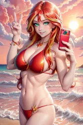 Size: 1024x1536 | Tagged: suggestive, ai content, derpibooru import, editor:sammykun, machine learning generated, sunset shimmer, human, equestria girls, beach, belly button, big breasts, bikini, bracelet, breasts, busty sunset shimmer, cleavage, clothes, crossover, female, g4, generator:yodayo, grand theft auto, gta v, holding, humanized, image, jewelry, long hair, midriff, mobile phone, necklace, peace sign, phone, png, prompter:sammykun, red bikini, requested art, sexy, sky, smartphone, smiling, solo, stupid sexy sunset shimmer, swimsuit, video game crossover, wave