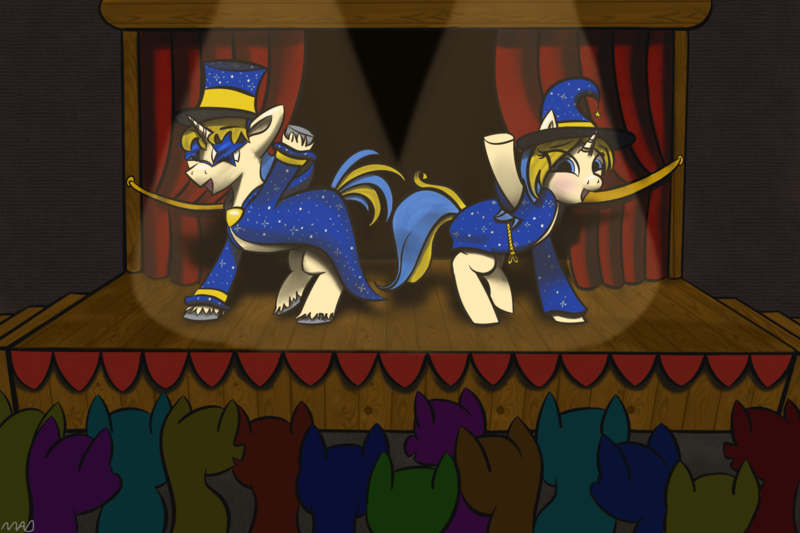 Size: 2048x1365 | Tagged: safe, artist:maonyman, derpibooru import, oc, oc:showbusiness, oc:whizzy, unofficial characters only, pony, unicorn, audience, clothes, colored hooves, commission, curtains, derpibooru exclusive, duo, female, hat, horn, image, male, mare, png, raised hoof, robe, shading, siblings, spotlight, stage, stallion, stars, sunglasses, top hat, twins, unicorn horn, unshorn fetlocks, witch hat