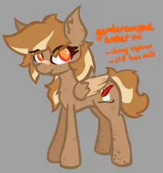 Size: 2200x2329 | Tagged: safe, artist:foxtrnal, derpibooru import, oc, oc:amber wings, unofficial characters only, pegasus, pony, alternate hairstyle, alternate universe, amber eyes, bandage, female, freckles, gray background, image, mare, png, rule 63, simple background, solo, text