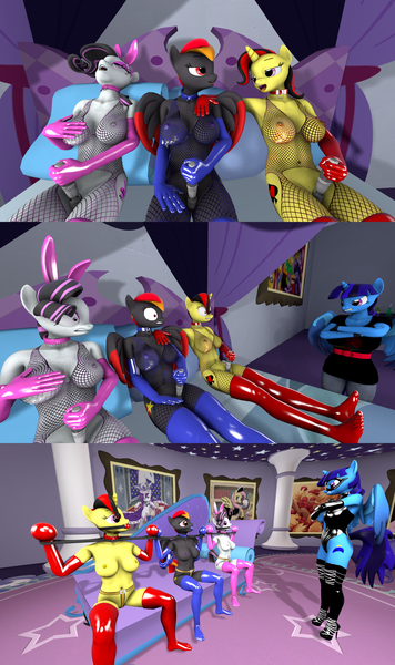 Size: 1920x3240 | Tagged: questionable, artist:latex-on-nitro, derpibooru import, oc, oc:midnight gamer, oc:nitro boost, oc:playmate, oc:wild card, unofficial characters only, alicorn, anthro, earth pony, pegasus, unicorn, ballgag, bdsm, bondage, bound and gagged, bound wings, breasts, bunny ears, chastity, chastity belt, clothes, collar, dominatrix, female, femdom, femsub, gag, gloves, image, latex, latex gloves, latex socks, latex suit, lesbian, mask, nexgen, nipples, nudity, png, slave, socks, spreader bar, submissive, wings