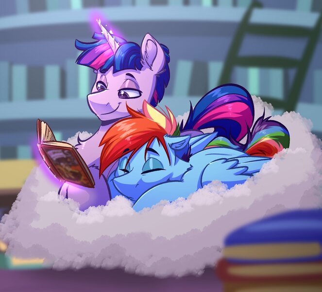 Size: 2008x1816 | Tagged: safe, artist:witchtaunter, derpibooru import, daring do, rainbow dash, twilight sparkle, alicorn, pegasus, cloud, commissioner:navelcolt, cuddling, dusk shine, female, gay, image, jpeg, lesbian, library, male, rainbow blitz, reading, rule 63, ship:duskblitz, shipping, sleeping, twidash