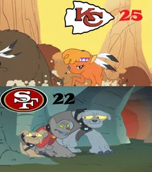 Size: 1269x1433 | Tagged: safe, derpibooru import, fido, little strongheart, rover, spot, buffalo, diamond dog, a dog and pony show, over a barrel, american football, female, g4, image, kansas city chiefs, male, nfl, png, san francisco 49ers, sports, super bowl, super bowl lviii