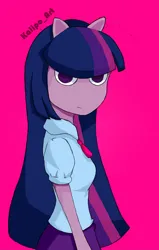 Size: 1619x2553 | Tagged: safe, artist:kalipoart, derpibooru import, twilight sparkle, human, equestria girls, 2017, clothes, eared humanization, g4, humanized, image, jpeg, looking at you, old art, pink background, shirt, side view, signature, simple background, skirt, solo