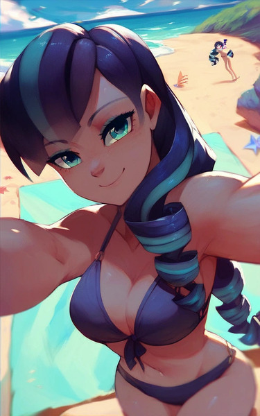 Size: 640x1024 | Tagged: suggestive, ai content, derpibooru import, editor:sammykun, machine learning generated, stable diffusion, coloratura, human, beach, bikini, breasts, busty coloratura, cleavage, clothes, cute, female, generator:pony diffusion v6 xl, generator:purplesmart.ai, humanized, image, jpeg, long hair, looking at you, ocean, outdoors, prompter:sammykun, rara, rarabetes, selfie, shadow, sky, smiling, solo, swimsuit, water