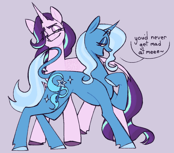 Size: 1105x976 | Tagged: safe, artist:p0rk-guts, derpibooru import, starlight glimmer, trixie, pony, unicorn, colored hooves, dialogue, duo, duo female, eye clipping through hair, eyebrows, eyebrows visible through hair, female, g4, image, jpeg, leonine tail, lesbian, lidded eyes, looking at each other, looking at someone, mare, multicolored mane, multicolored tail, purple background, raised hoof, shipping, simple background, smiling, smiling at each other, smug, startrix, tail