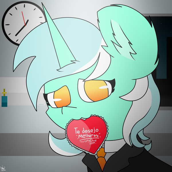 Size: 6000x6000 | Tagged: safe, artist:nhale, derpibooru import, lyra heartstrings, oc, oc:lyrachad, unicorn, clock, clothes, hospital, hospital room, image, png, solo, suit, window