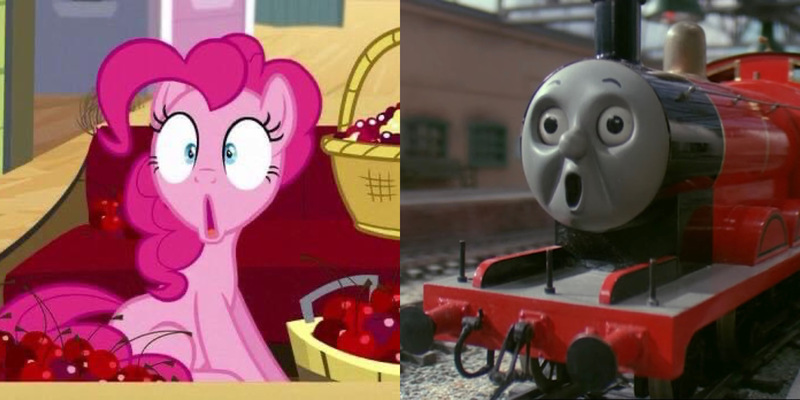 Size: 1936x968 | Tagged: safe, derpibooru import, edit, edited screencap, screencap, pinkie pie, party pooped, season 5, buzz buzz, cherry, comparison, faic, food, g4, image, james the red engine, jpeg, shocked, shocked expression, shrunken pupils, thomas and friends, tidmouth station, train, train station
