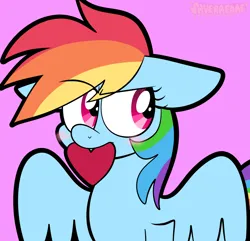 Size: 1122x1080 | Tagged: safe, artist:saveraedae, derpibooru import, rainbow dash, pegasus, pony, blushing, eyebrows, eyebrows visible through hair, female, heart, image, looking away, mare, pink background, png, simple background, solo