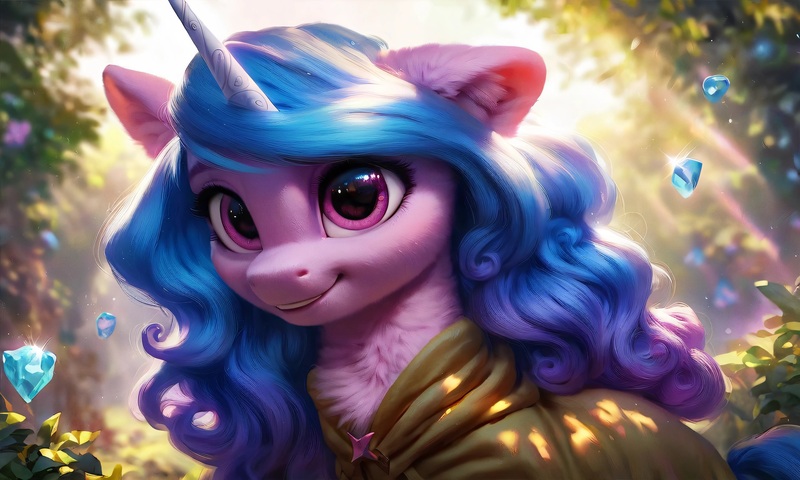 Size: 5120x3072 | Tagged: safe, ai content, derpibooru import, machine learning generated, prompter:kluknawa235, stable diffusion, izzy moonbow, unicorn, g5, chest fluff, clothes, crystal, ear fluff, forest, generator:pony diffusion v6 xl, generator:purplesmart.ai, hoodie, image, jpeg, nature, one ear down, smiling, tree