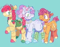 Size: 1512x1184 | Tagged: safe, artist:tottallytoby, derpibooru import, apple bloom, scootaloo, sweetie belle, earth pony, pegasus, pony, unicorn, alternate design, bag, blushing, bow, braid, braided pigtails, braided tail, clothes, coat markings, colored hooves, cutie mark crusaders, ear piercing, earring, female, fetlock tuft, g4, hair bow, headband, hooves, horn, horn jewelry, image, jewelry, jpeg, leg warmers, leonine tail, looking at each other, looking at someone, multicolored hooves, necklace, older, older apple bloom, older cmc, older scootaloo, older sweetie belle, open mouth, pearl necklace, piercing, pigtails, redesign, short mane, short tail, simple background, small wings, smiling, splotches, tail, teal background, trio, trio female, wings