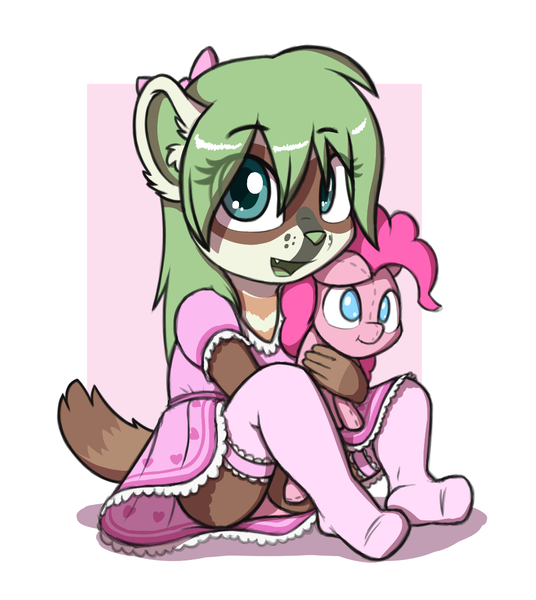 Size: 991x1109 | Tagged: safe, artist:aggie, derpibooru import, pinkie pie, oc, anthro, earth pony, ferret, pony, furry, furry oc, holding, image, plushie, png, sitting